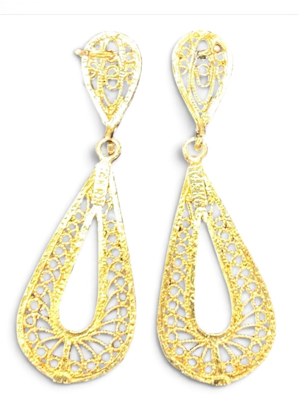 Vintage 14K Yellow Gold Teardrop Filigree Dangle Earrings 2g